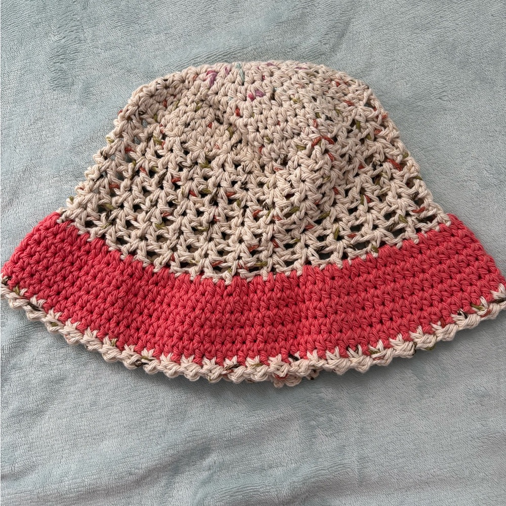 Crochet Bucket Hat with Red Trim